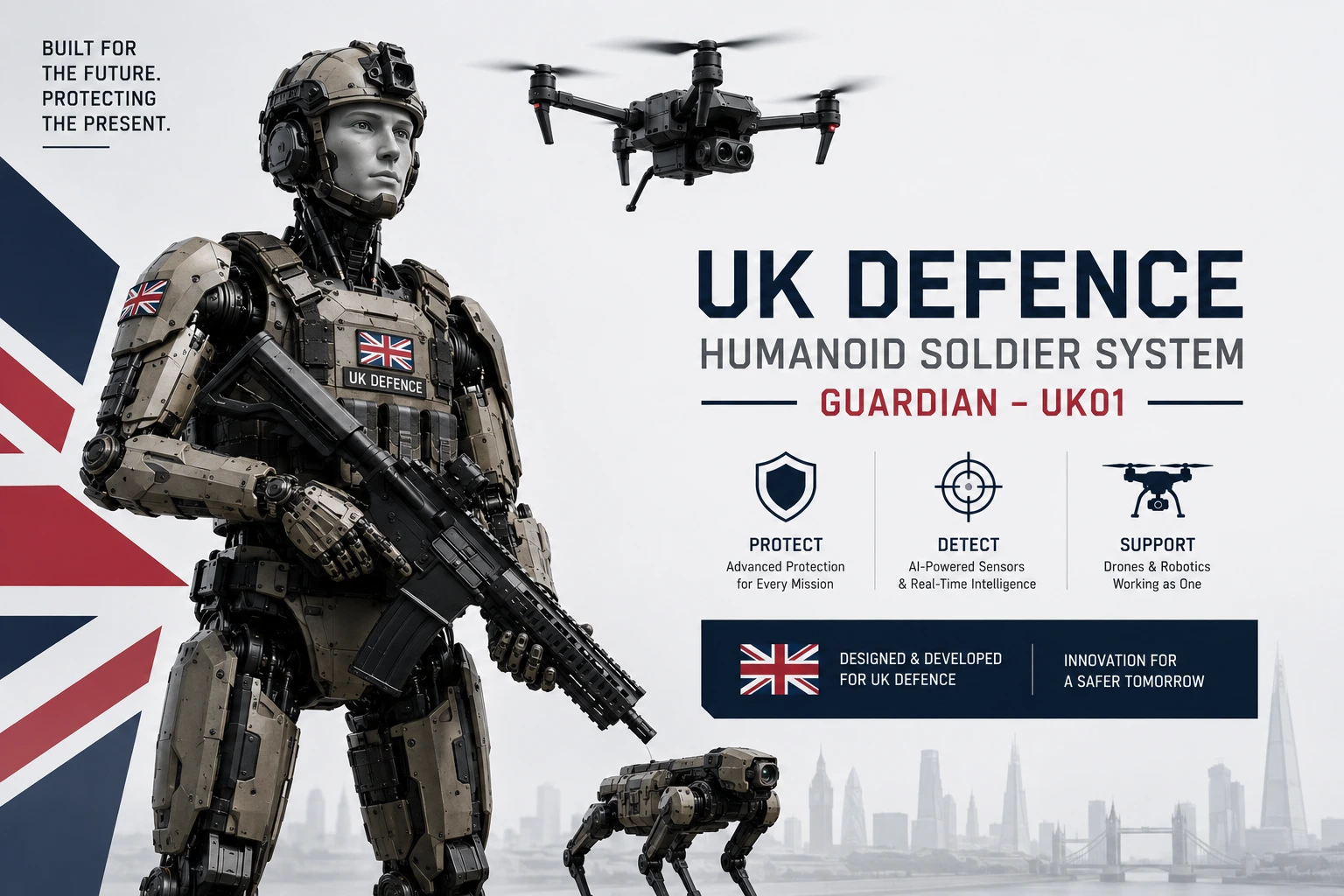 Guardian UK01 humanoid soldier system concept with drone and robotic platform